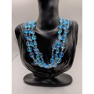 Multi Strand Blue Beaded Necklace With Silver Accents‎